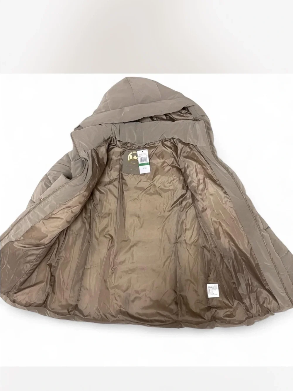 Michael Kors Quilted Puffer Coat with Hood in Taupe with Gold Zippers Size L NWT